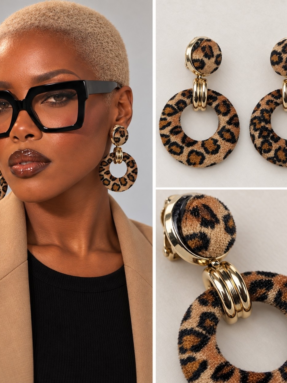 Leopard Print Hoop Drop Earrings - Gold Accent
